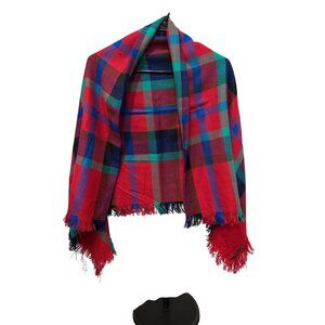 Vintage Italian-Made Red & Multicolor Plaid Blanket Scarf